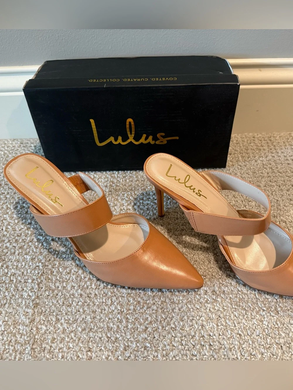 Lulu's Cognac Pointed-Toe Mule Heels